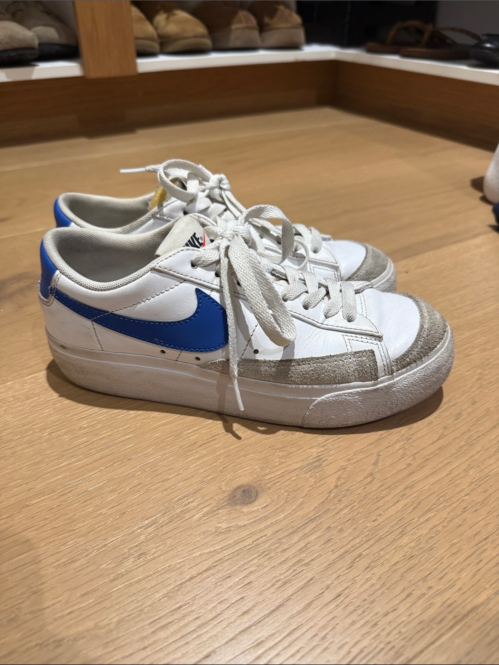 platform Nike blazers White Sneakers with Blue Swoosh